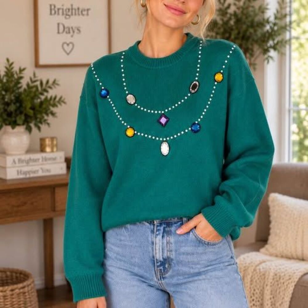 Vintage 1980s Anytime Glitz Turquoise Rhinestone Sweater Women's Medium
